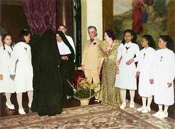 President Manuel L. Quezon and First Lady Aurora Quezon welcome schoolgirls and nuns