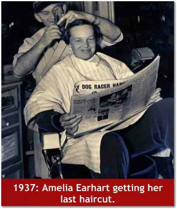 Amelia Earhart getting her last haircut