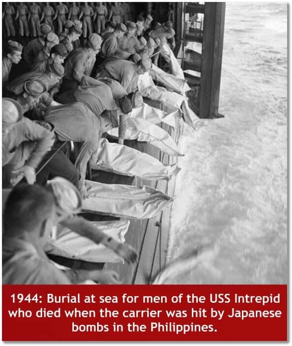 Burial at sea for men of the USS Intrepid who died when the carrier was hit by Japanese bombs in the Philippines.