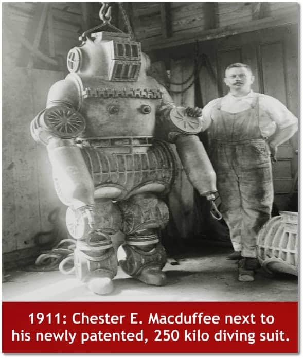 Chester E. Macduffee next to his newly patented, 250 kilo diving suit