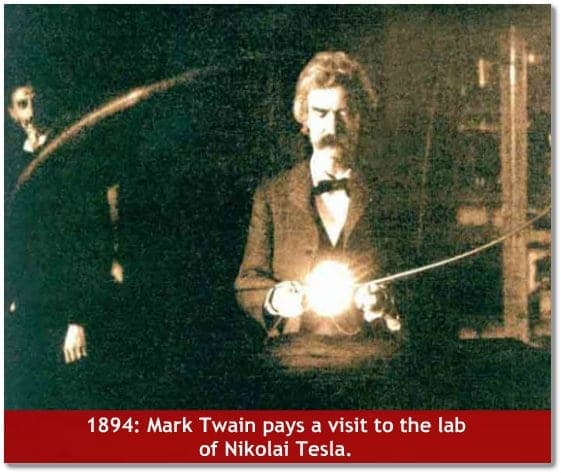 Mark Twain pays a visit to the lab of Nikolai Tesla