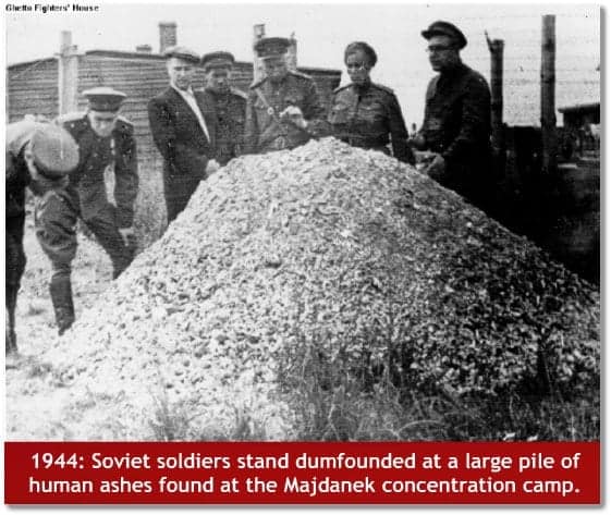 Soviet soldiers stand dumfounded at a large pile of human ashes found at the Majdanek concentration camp