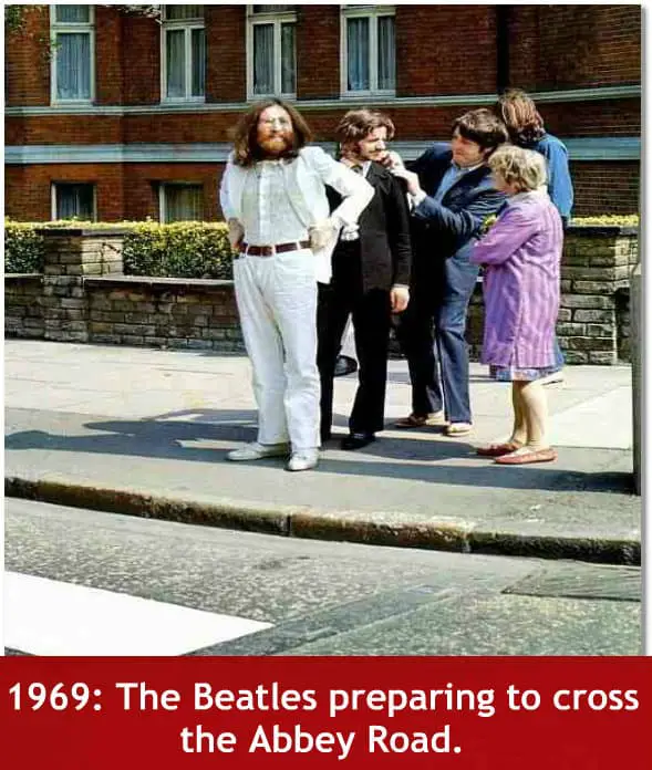 The Beatles preparing to cross Abby Road