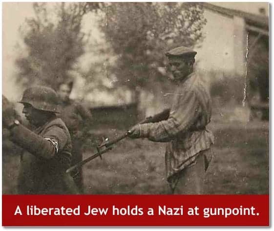 liberated Jew holds Nazi at gunpoint