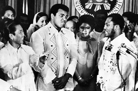 President Ferdinand Marcos with Muhammad Ali and Joe Frazier at Malacanang Palace