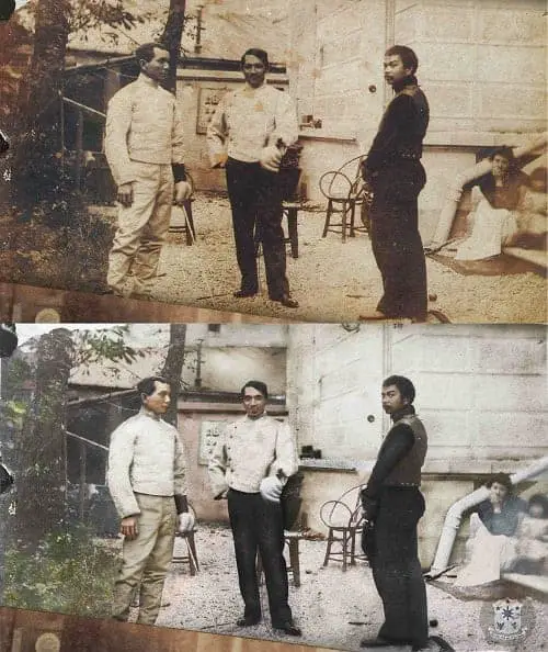 Jose Rizal on fencing garb with Juan Luna and Valentin Ventura