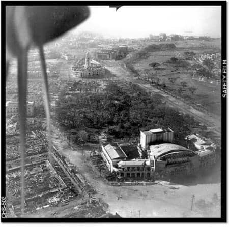 Aerial view of Manila Metropolitan Theater and Mehan Gardens