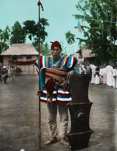 Bukidnon warrior poses with a spear and shield