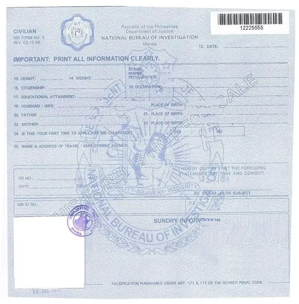 NBI Form Number 5 or fingerprint form